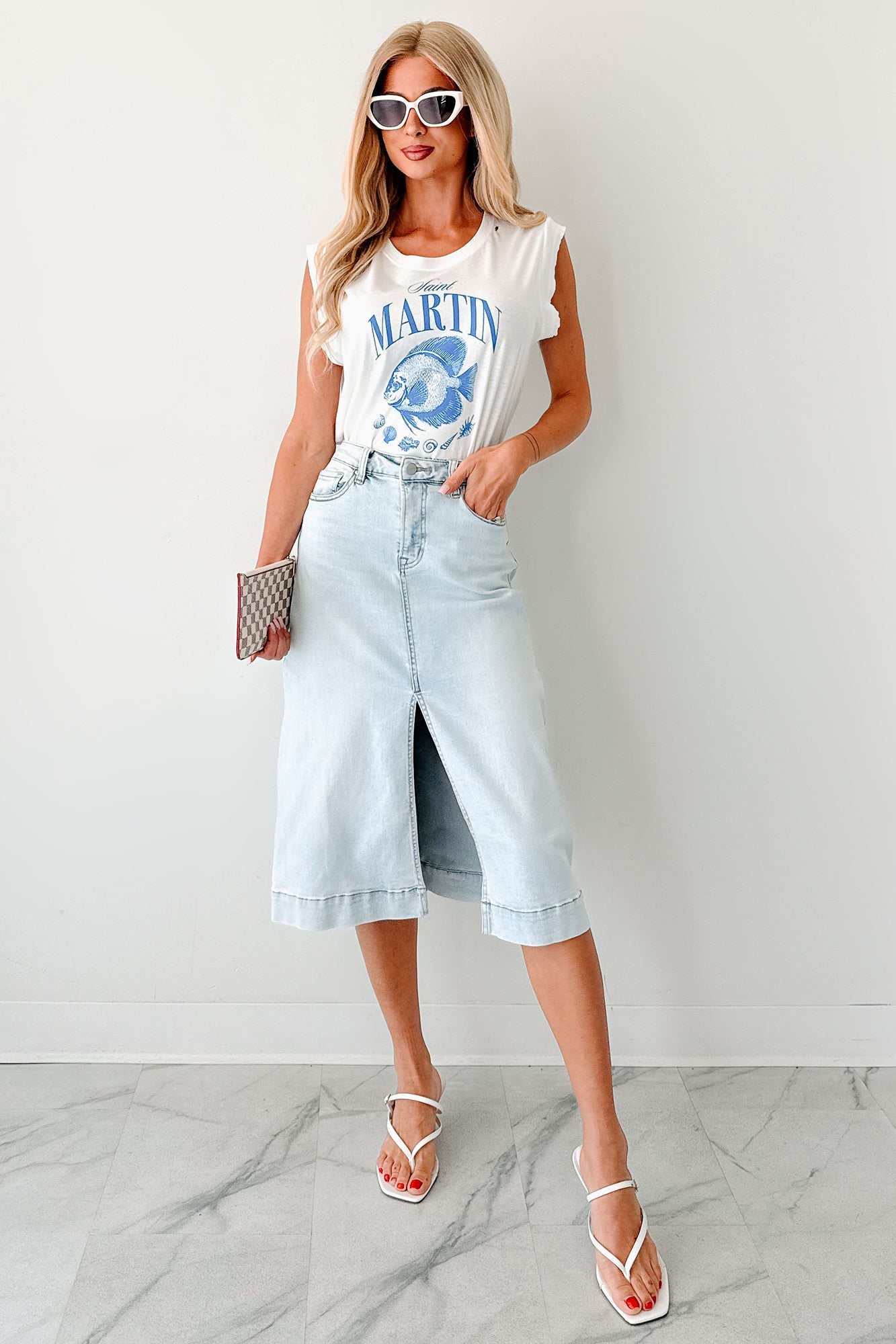 Skirtin' Around High Rise Denim Midi Skirt (Light)