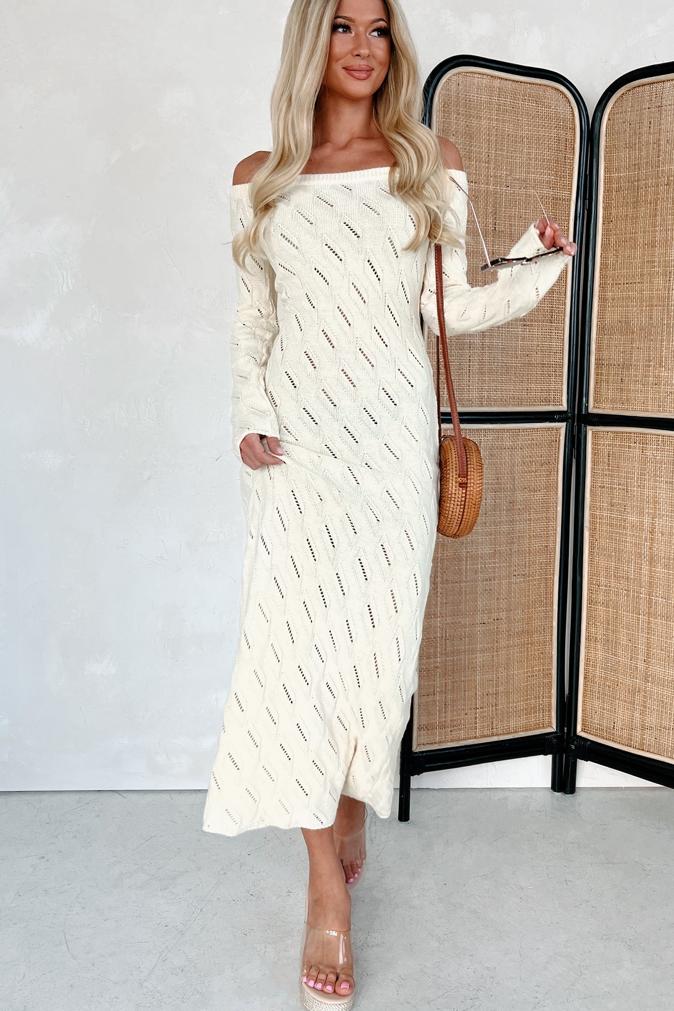 Successfully Stylish Off The Shoulder Sweater Maxi Dress (Cream)