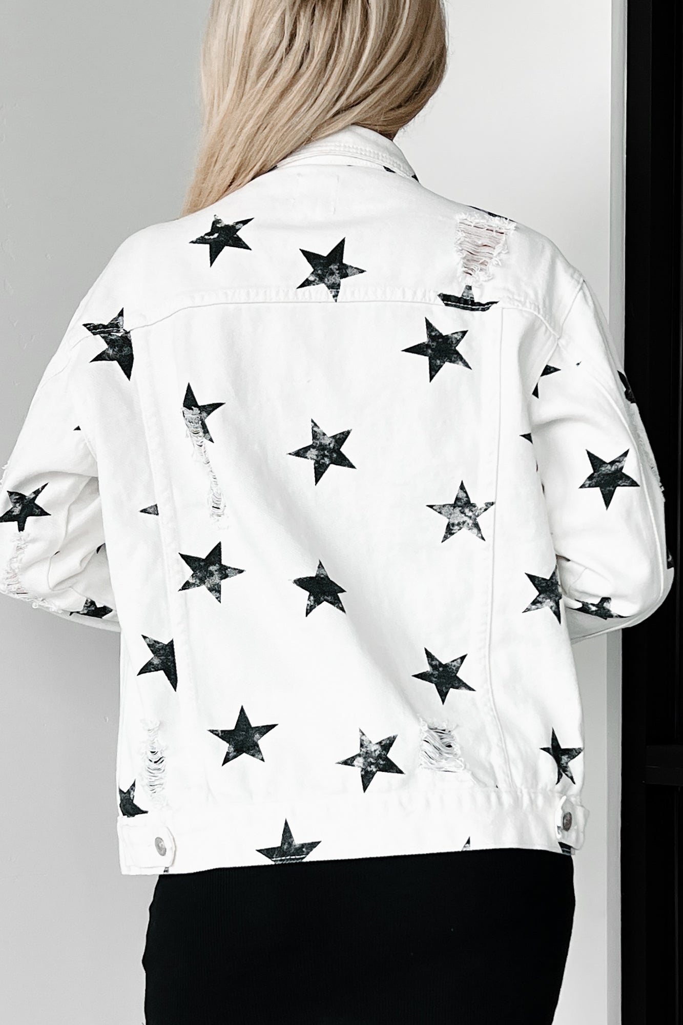 Reach For The Stars Distressed Denim Star Print Jacket (Off White)