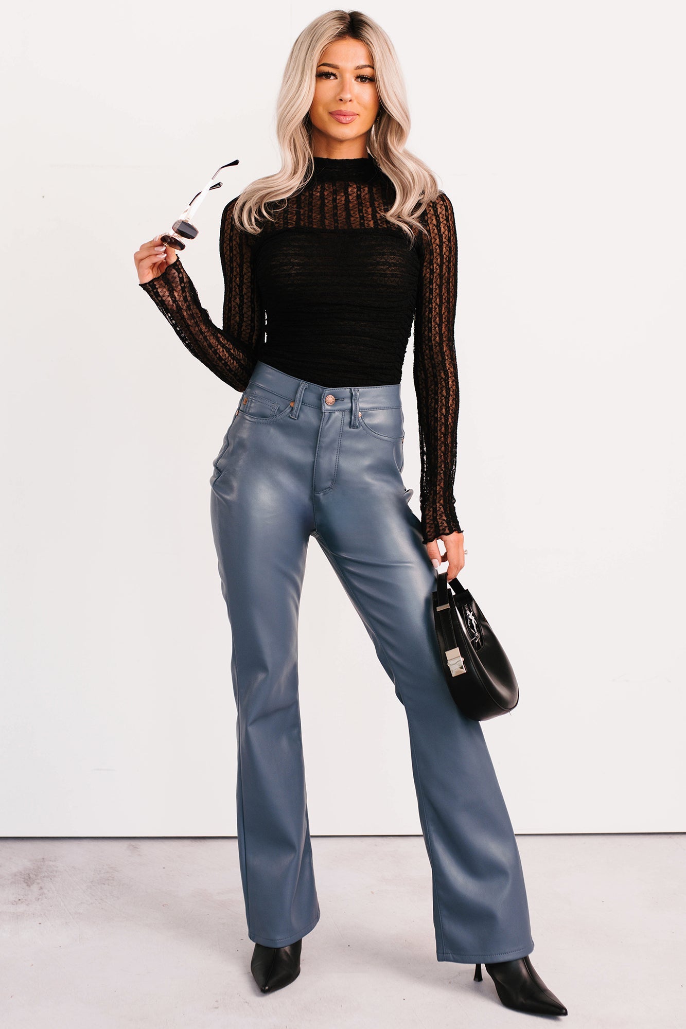 Vibe & Glow Faux Leather Judy Blue Bootcut Pants (Blue)